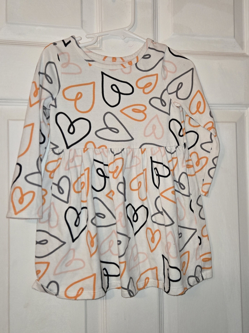 Cat & Jack White Long Sleeve Dress with Orange & Gray Heart Print SZ 3T